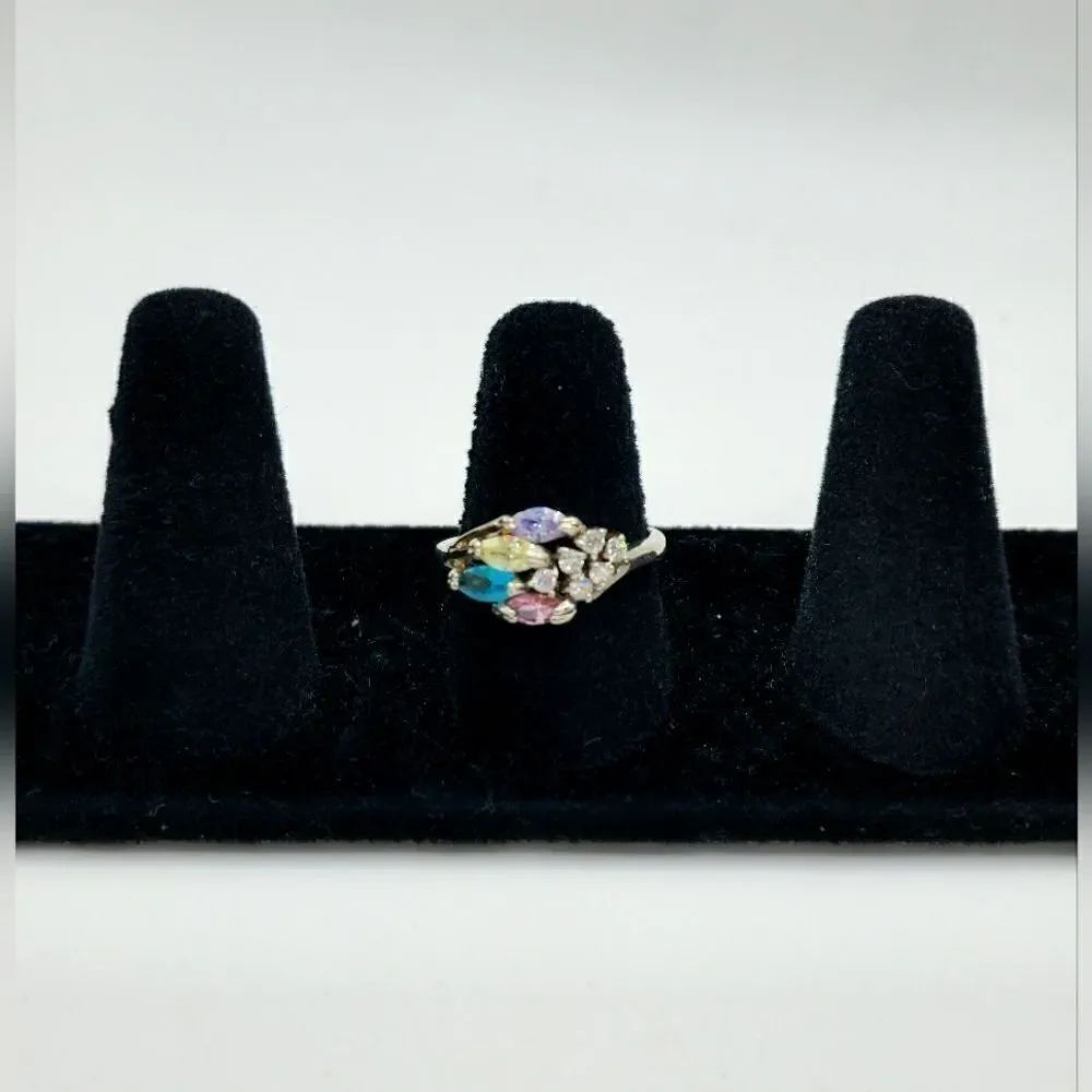 Vintage silver double tulip set multi stone cz diamond ring